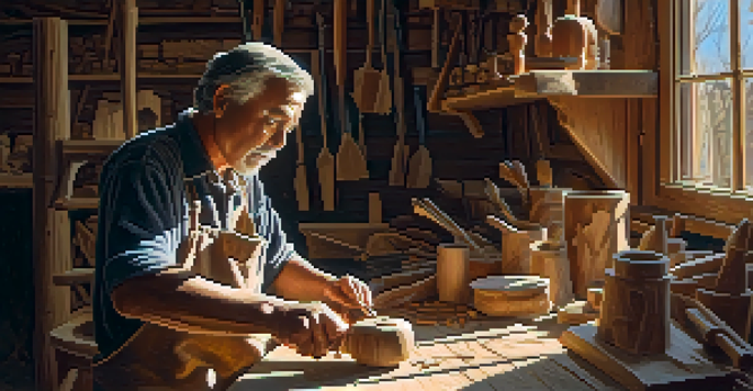 An artisan engaged in wood carving inside a sunlit workshop, showcasing tools and wood shavings with a warm, inviting atmosphere.