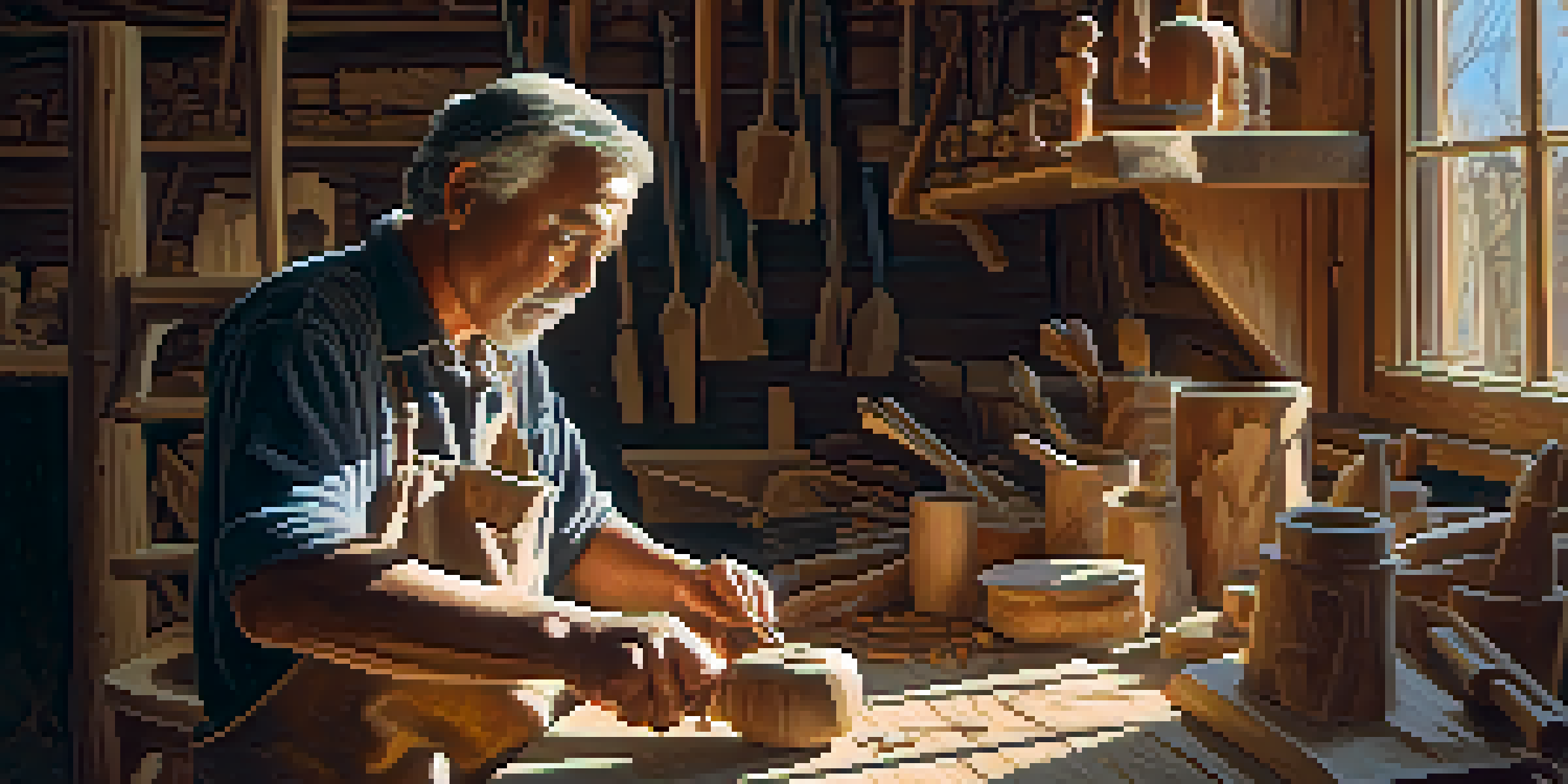 An artisan engaged in wood carving inside a sunlit workshop, showcasing tools and wood shavings with a warm, inviting atmosphere.