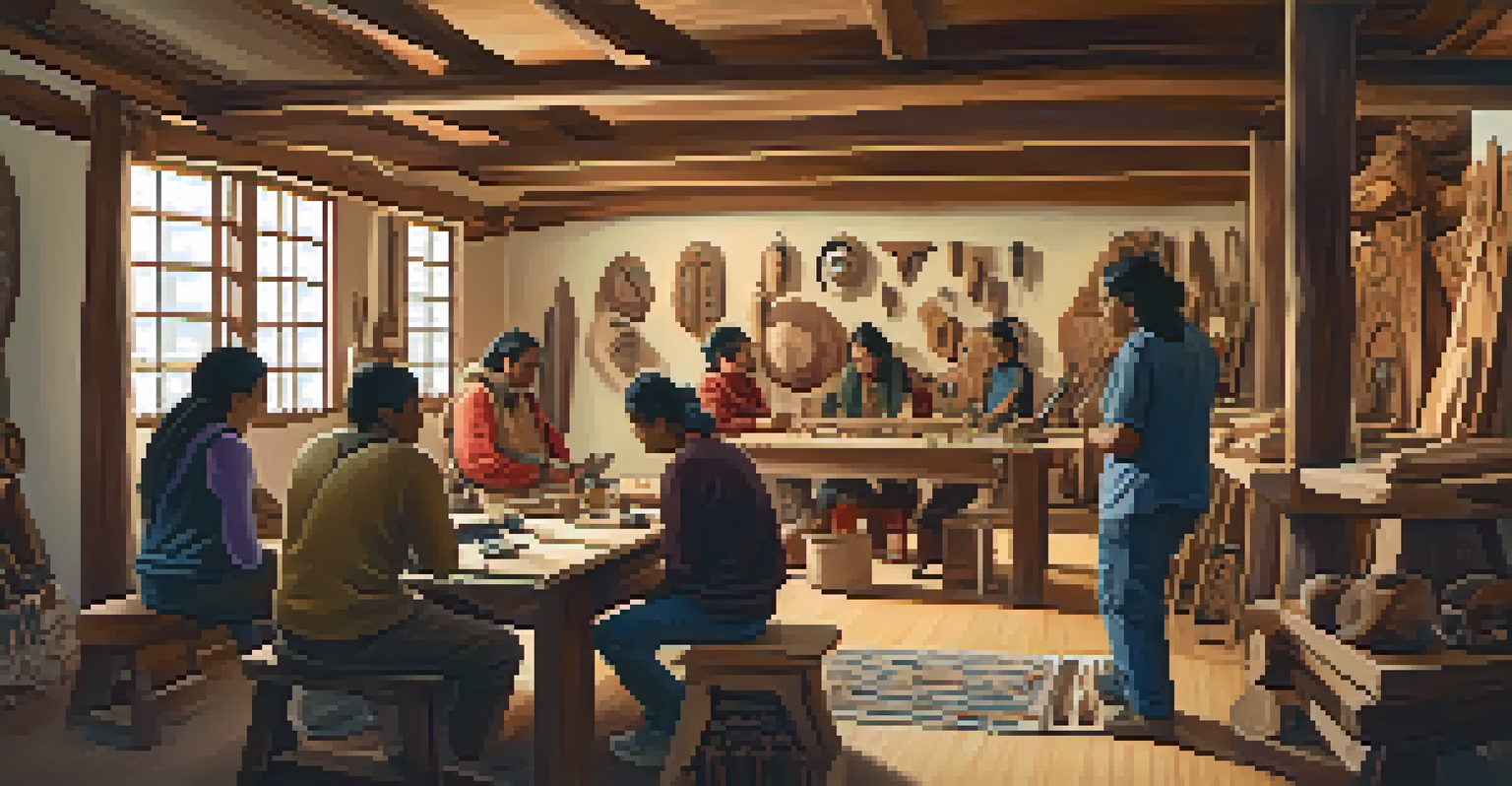 Indigenous artists collaborating in a wooden carving workshop, sharing tools and techniques amidst various carved pieces.