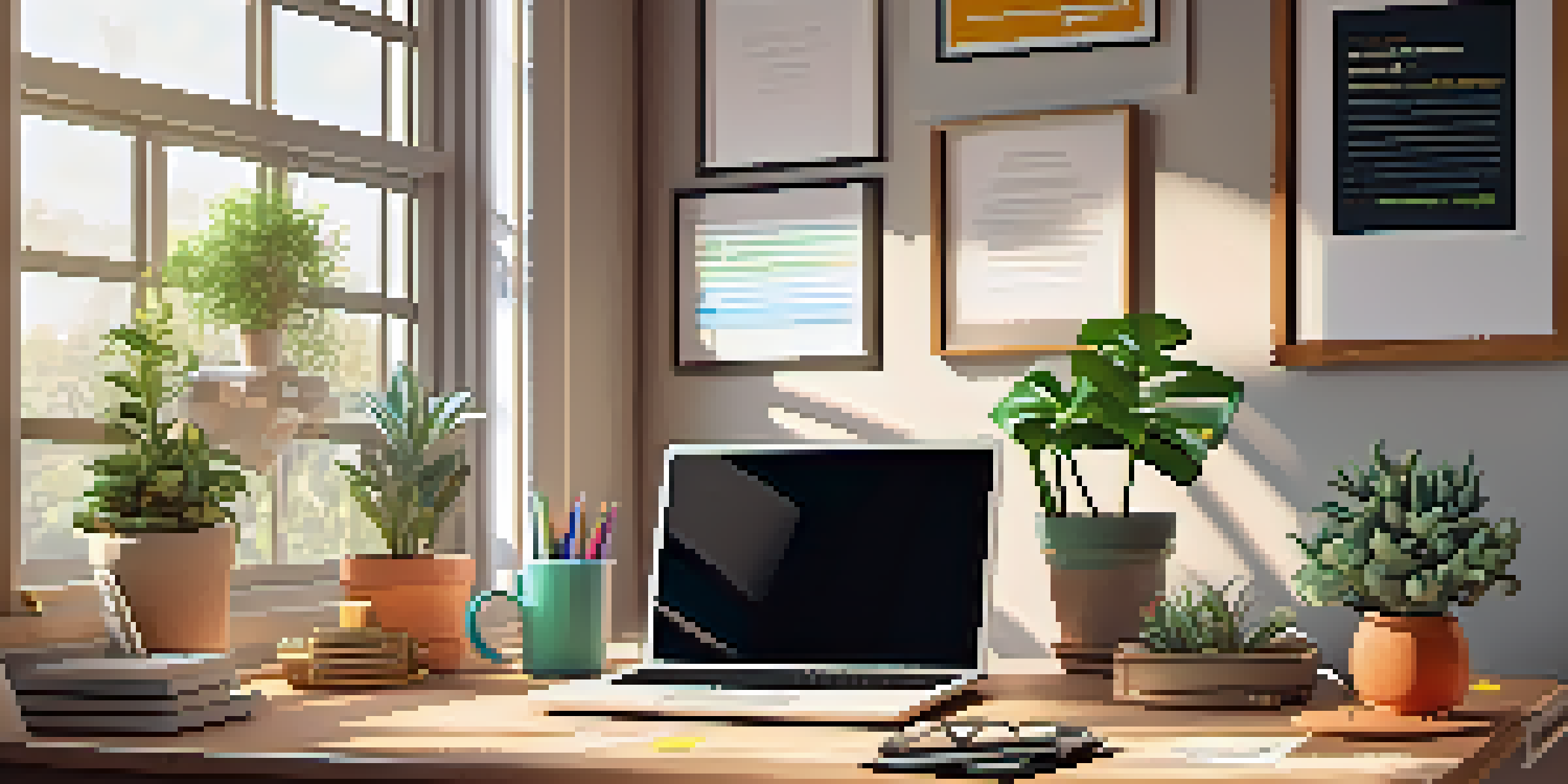 A modern home office with a wooden desk, laptop open to an online learning platform, and potted plants in natural light.