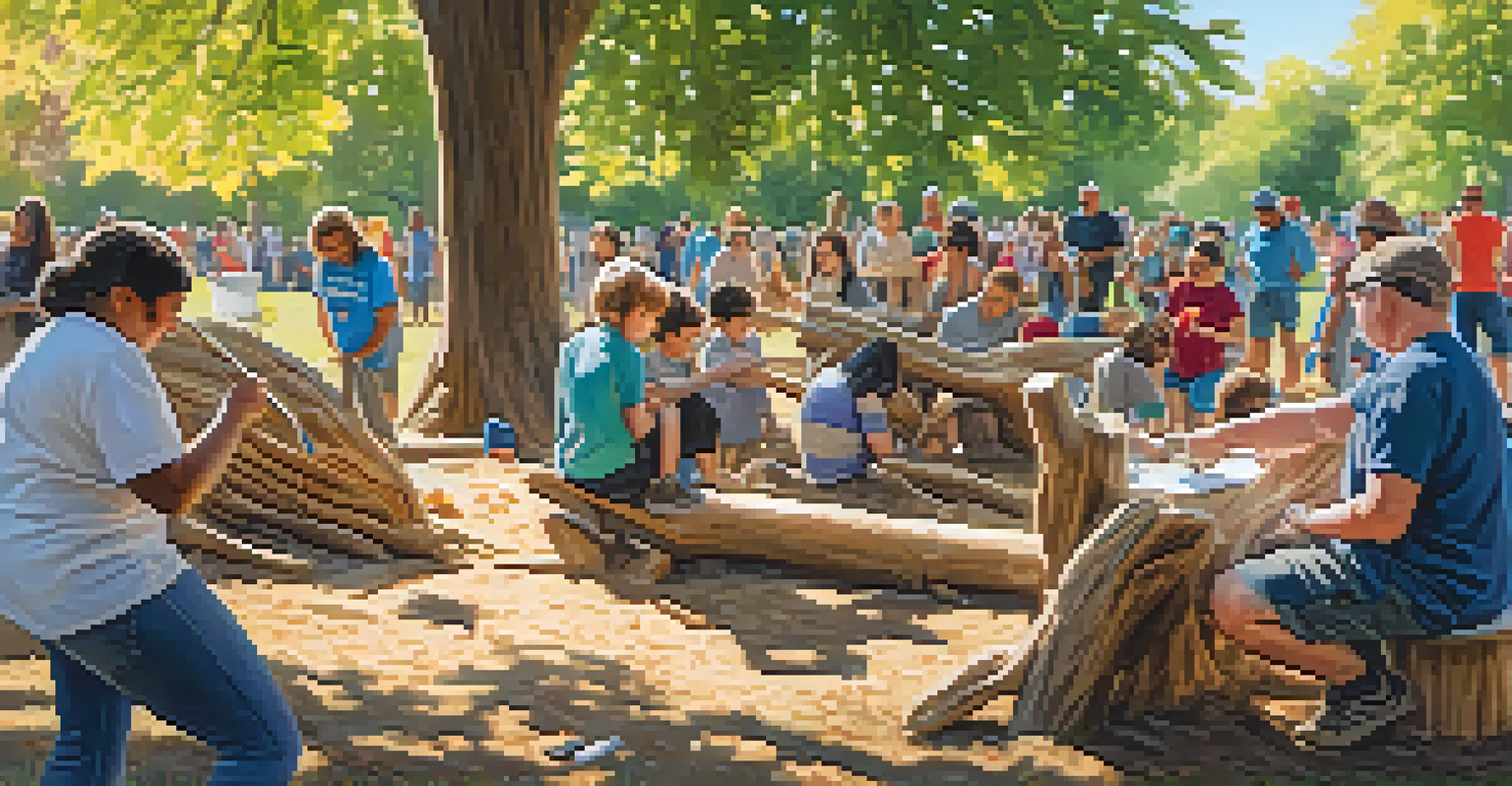 A lively community carving event in a park with people of various ages carving sculptures from natural materials under the sunlight.