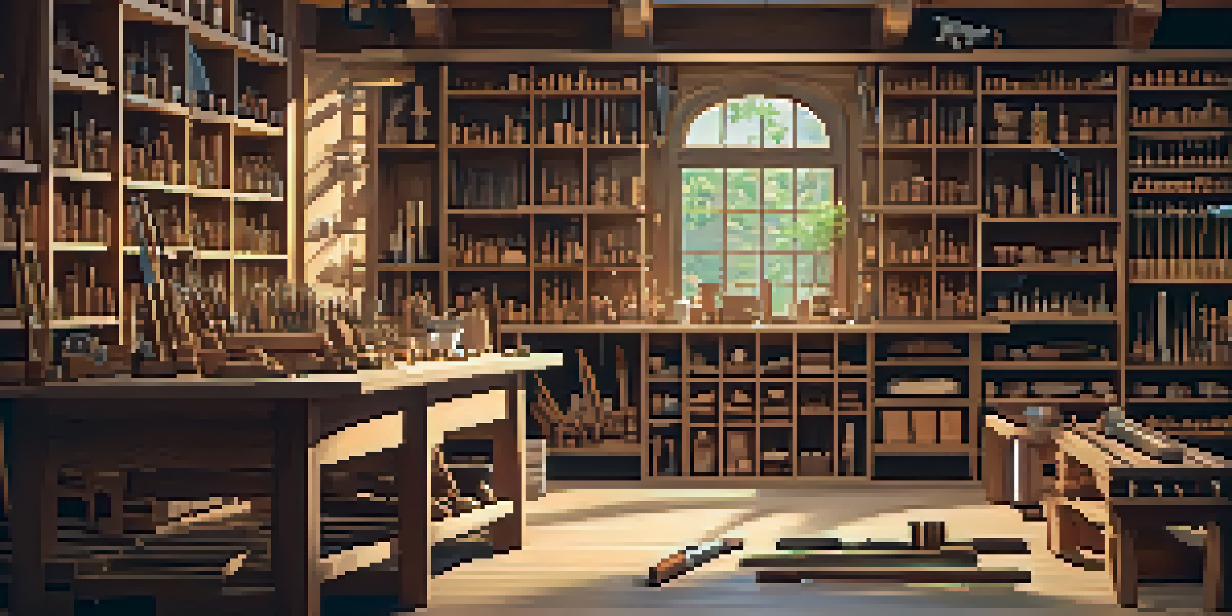 A bright and organized wood carving workspace with tools and wood materials on a sturdy bench.