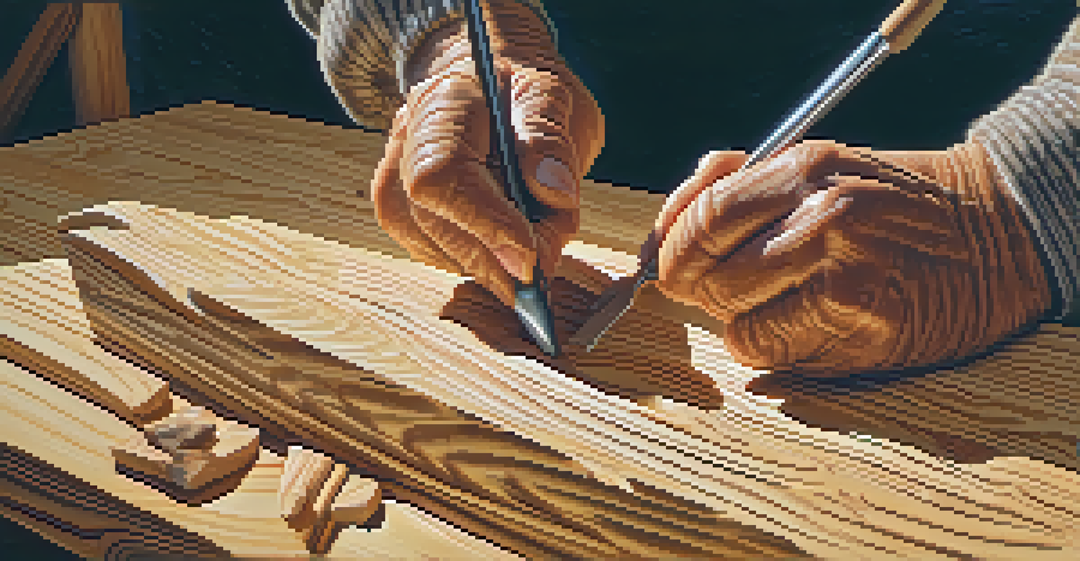 Close-up of a carver's hands using a chisel on pine wood, with shavings and sunlight illuminating the scene.