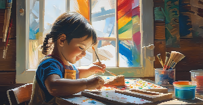 A child happily carving an animal figurine from softwood at a table, surrounded by art supplies and sunlight.