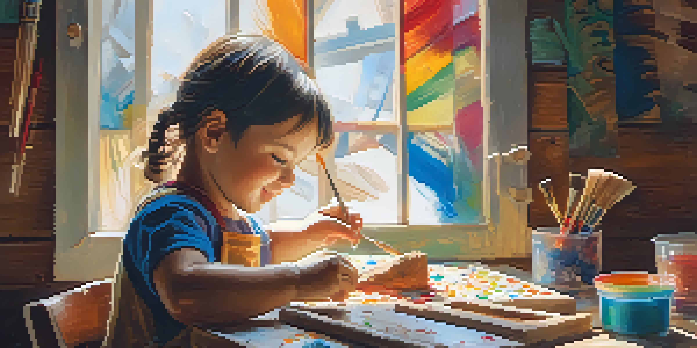 A child happily carving an animal figurine from softwood at a table, surrounded by art supplies and sunlight.