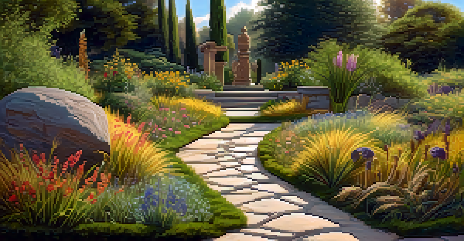 A winding stone pathway in a garden adorned with wooden sculptures and wildflowers, bathed in warm afternoon light.