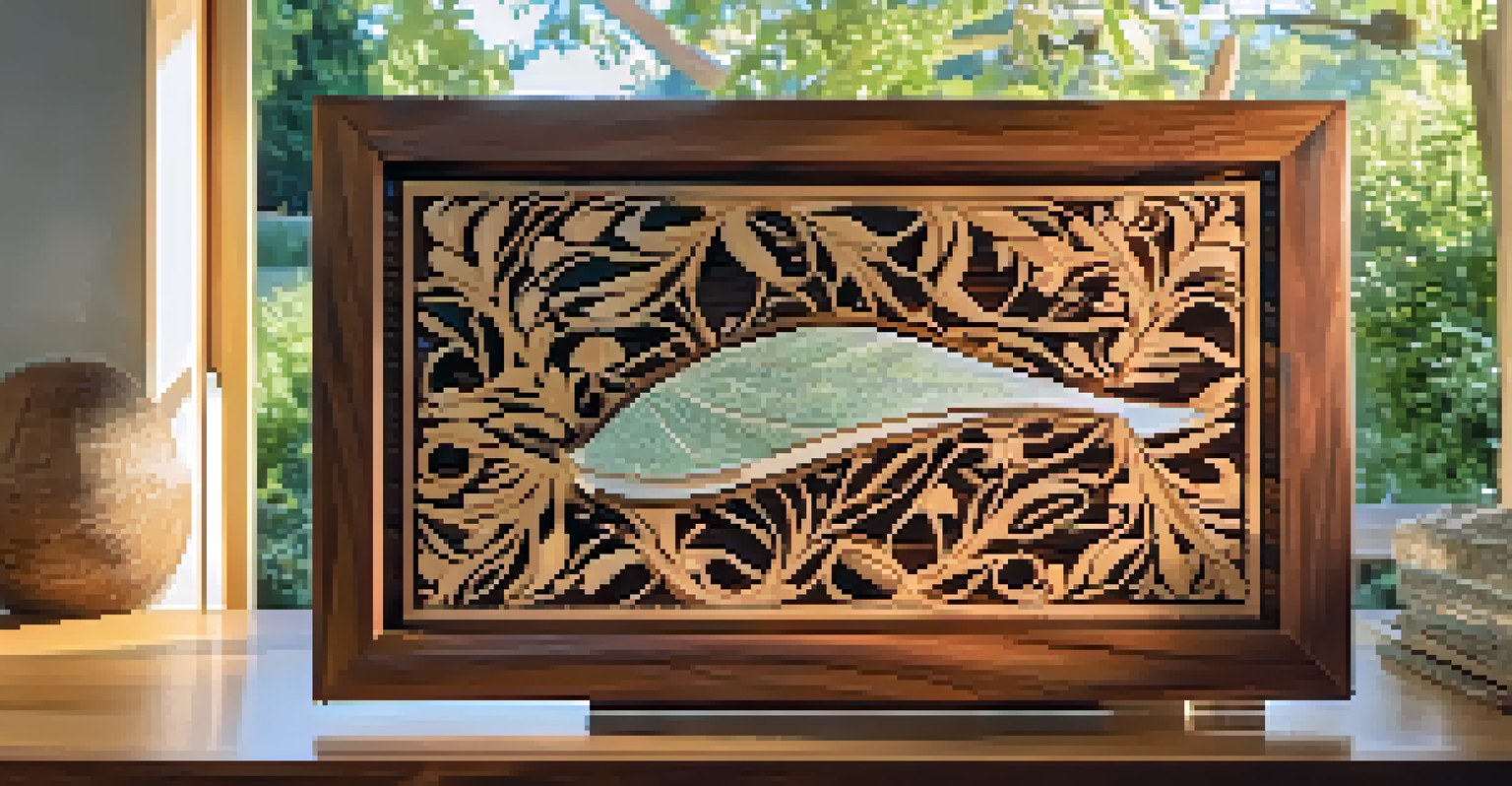 A wooden inlay art piece with contrasting materials, set against greenery and sunlight, showcasing the textures and colors of the carving.