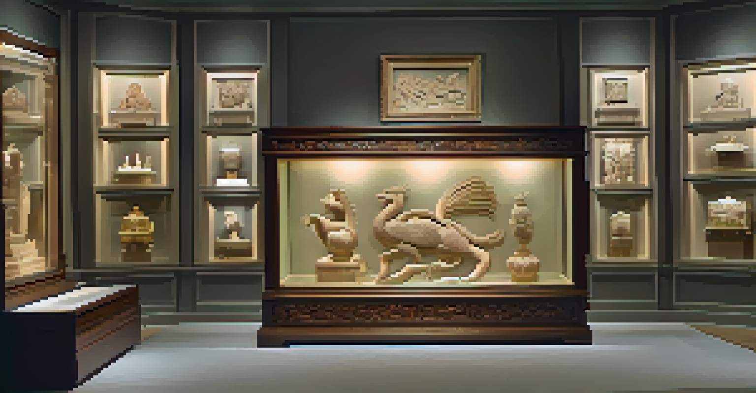A display case with carved artworks protected by UV-filtering glass, illuminated by soft LED lighting.