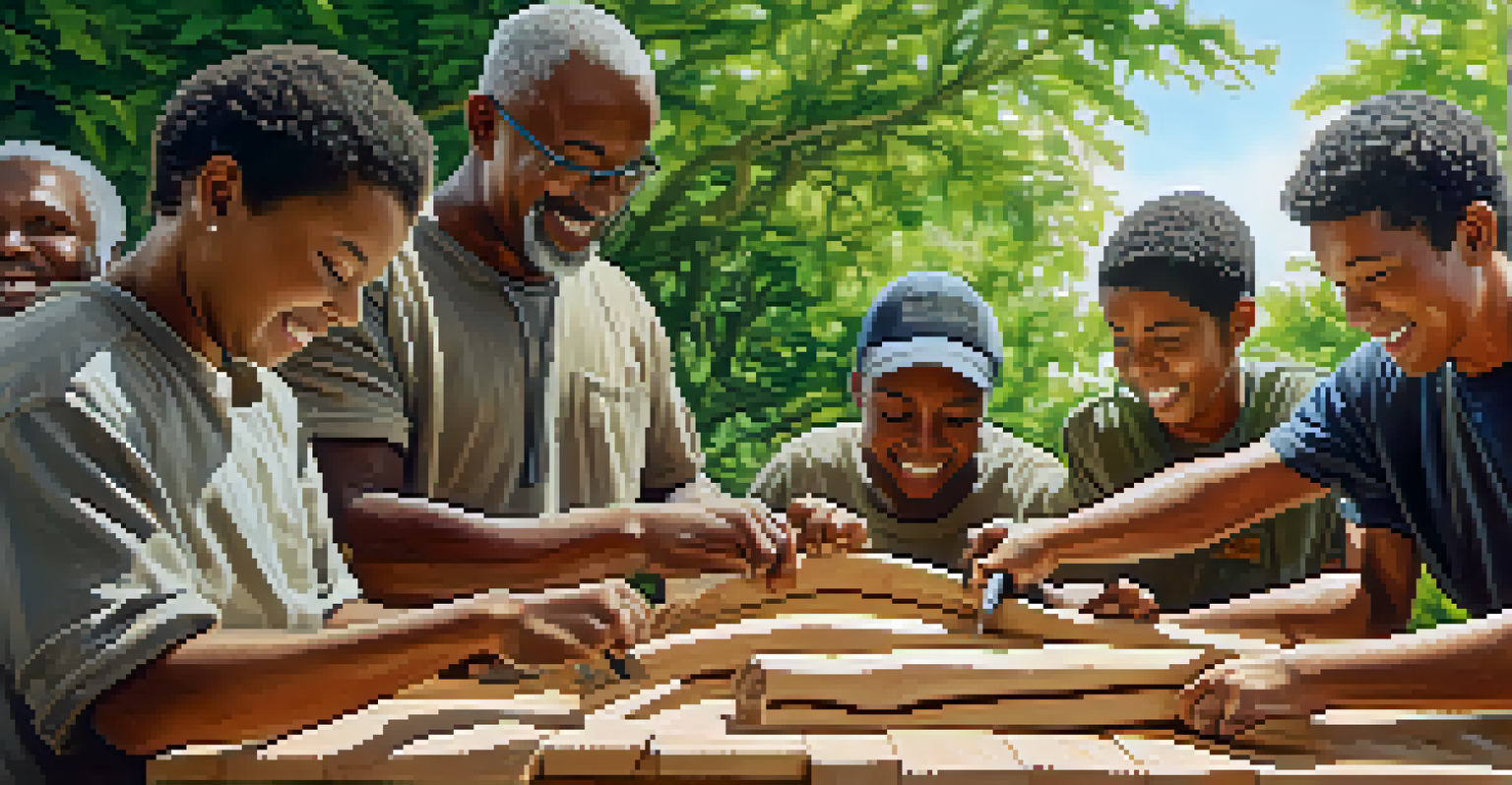 Community members working together to carve a wooden sculpture, showing their hands and tools amidst a lively park setting.