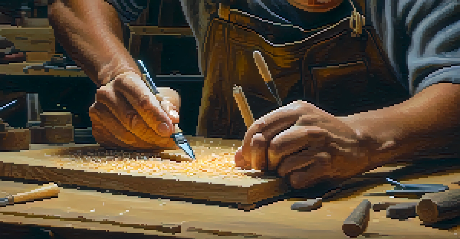 An artisan carving wood with a small chisel, surrounded by wood shavings in a softly lit workshop.
