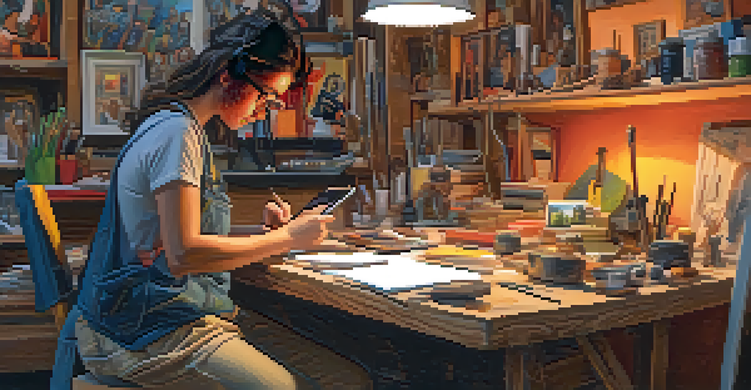An artist sharing a carving process on social media from their cozy workspace, surrounded by tools.