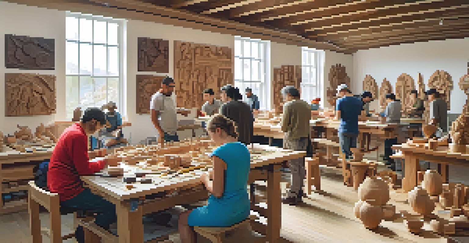 A lively carving workshop with participants working on wooden sculptures and colorful artworks on the walls.