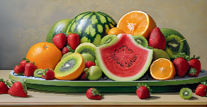 A colorful fruit carving display with a watermelon shaped like flowers and various sliced fruits arranged around it on a wooden table.