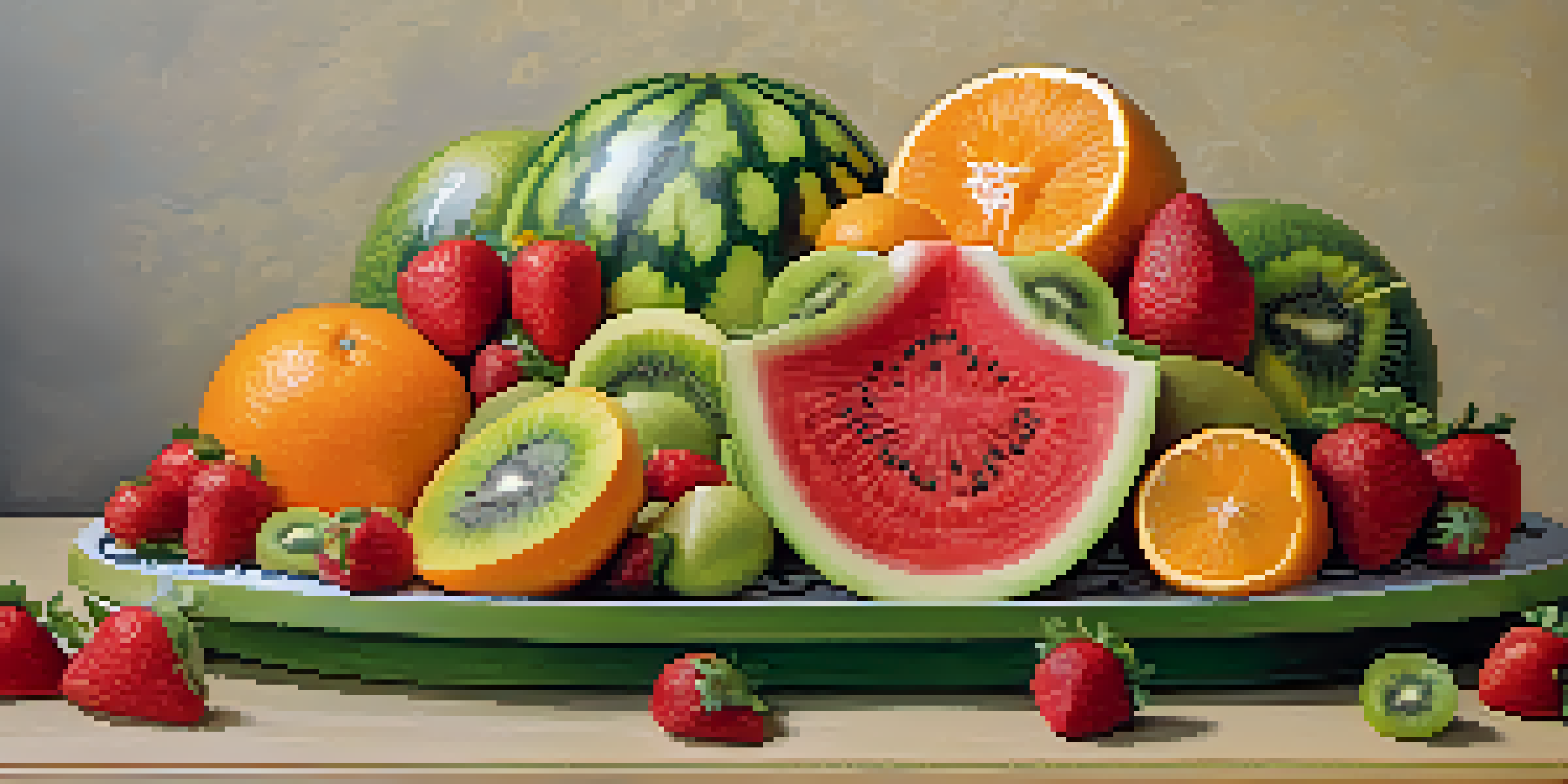 A colorful fruit carving display with a watermelon shaped like flowers and various sliced fruits arranged around it on a wooden table.