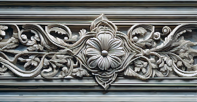 A detailed close-up of a carved stone panel with floral designs, highlighting the texture and craftsmanship in a softly lit modern setting.