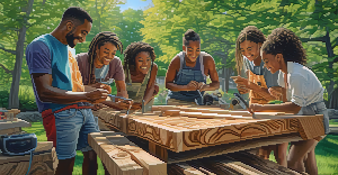 A diverse group of friends engaged in interactive carving art outdoors, smiling and focused on their wood carving projects.