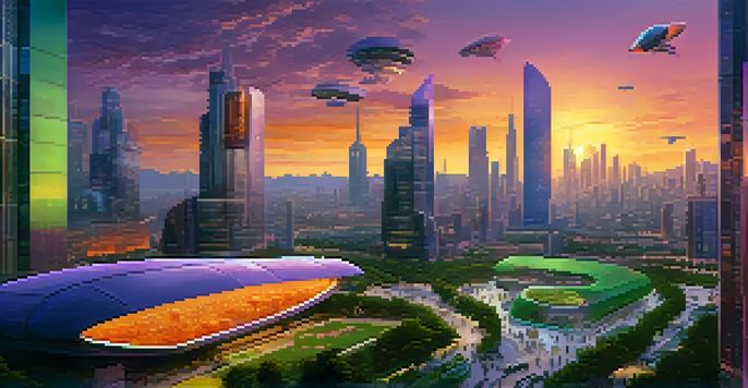 A vibrant futuristic city skyline at sunset with advanced architecture, lush parks, and flying vehicles.