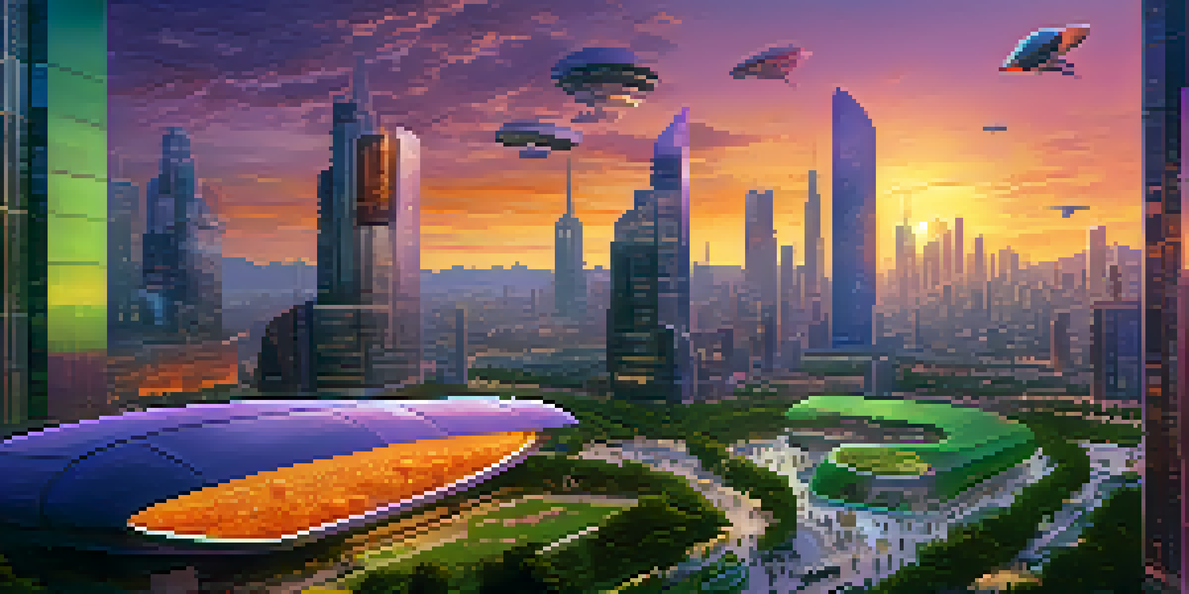 A vibrant futuristic city skyline at sunset with advanced architecture, lush parks, and flying vehicles.