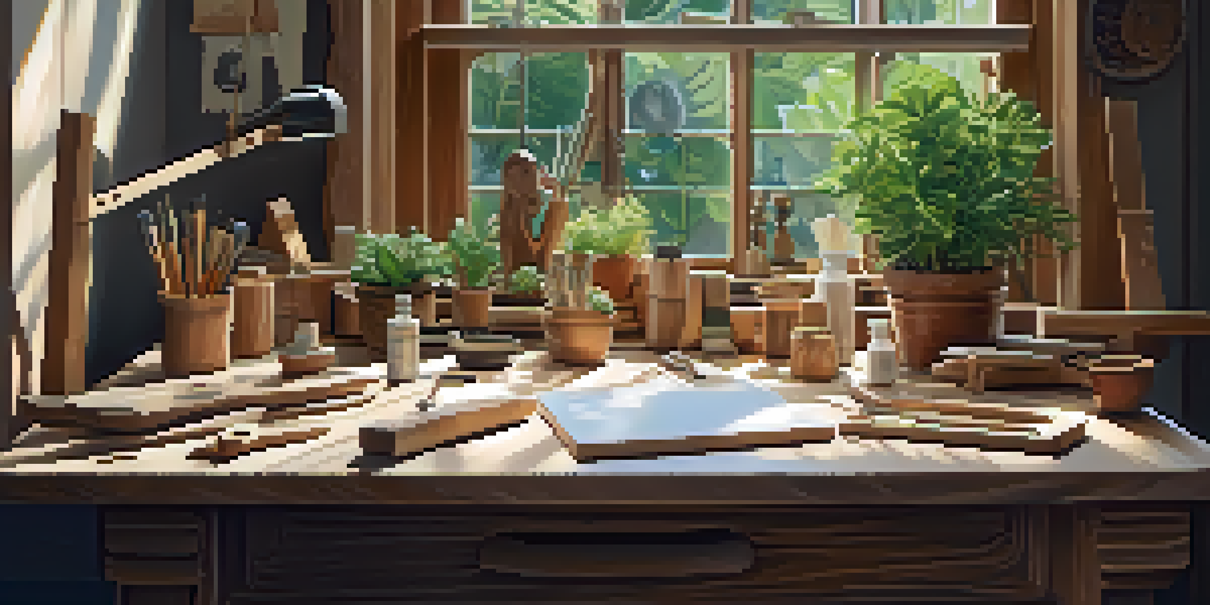 A cozy workshop with a wooden carving station bathed in warm natural light, featuring carving tools and a partially carved wooden figure.