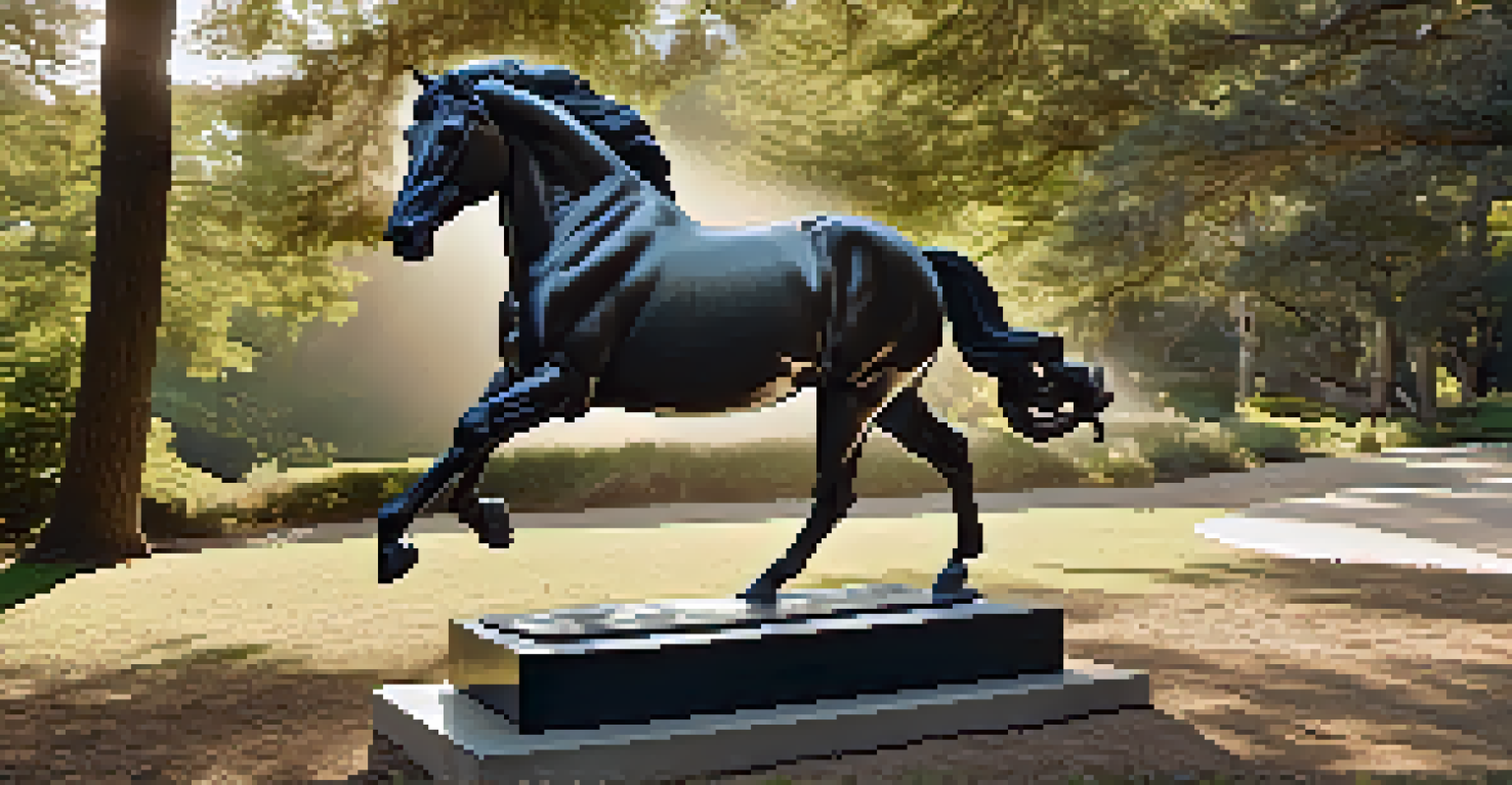 A large stone sculpture of a galloping horse in a natural outdoor setting, with sunlight and shadows.
