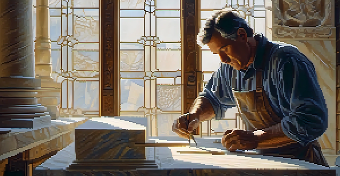 A stone carver focuses on a large marble slab in a sunlit workshop, with tools scattered around and dust particles illuminated by sunlight.