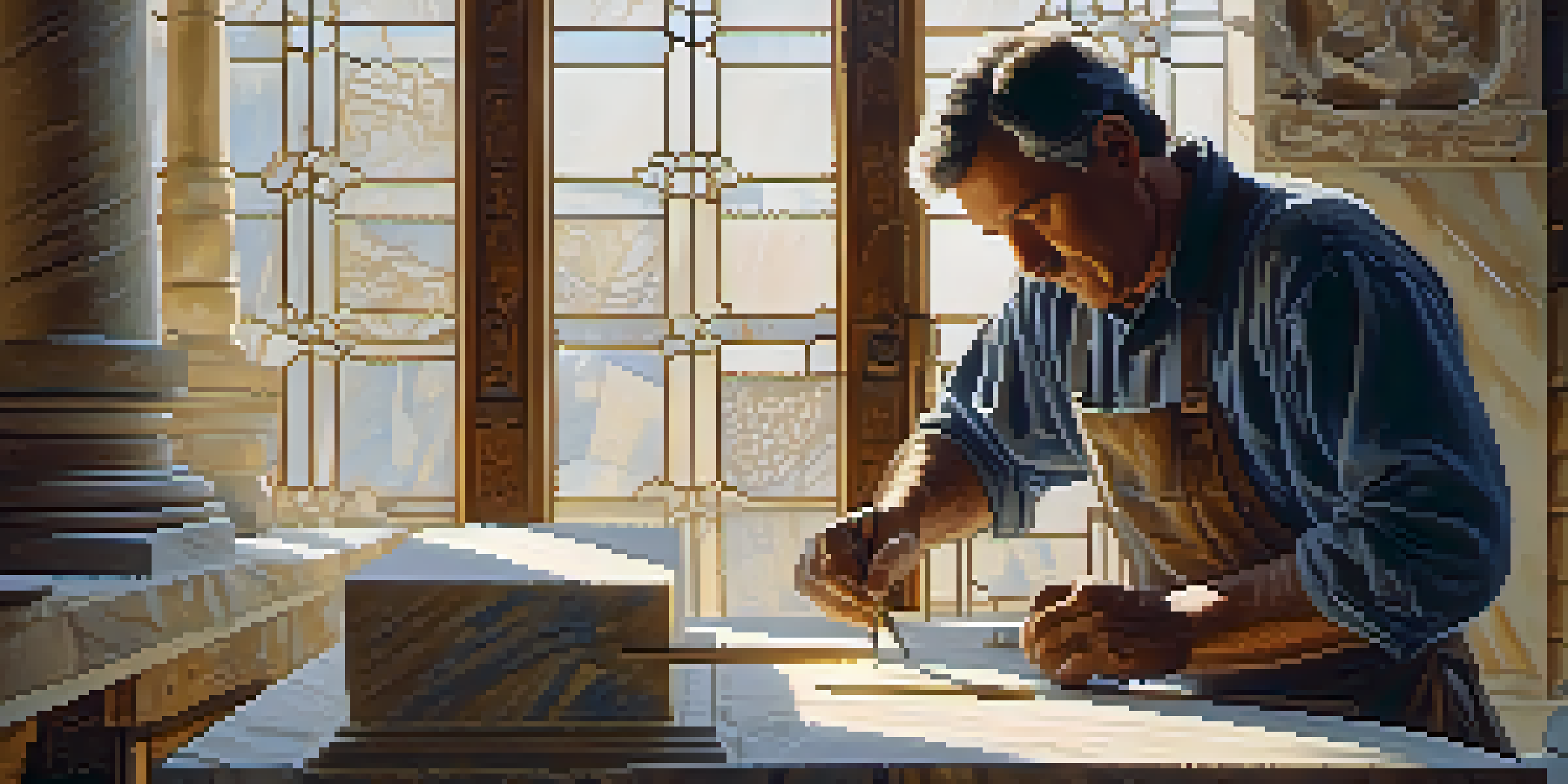 A stone carver focuses on a large marble slab in a sunlit workshop, with tools scattered around and dust particles illuminated by sunlight.