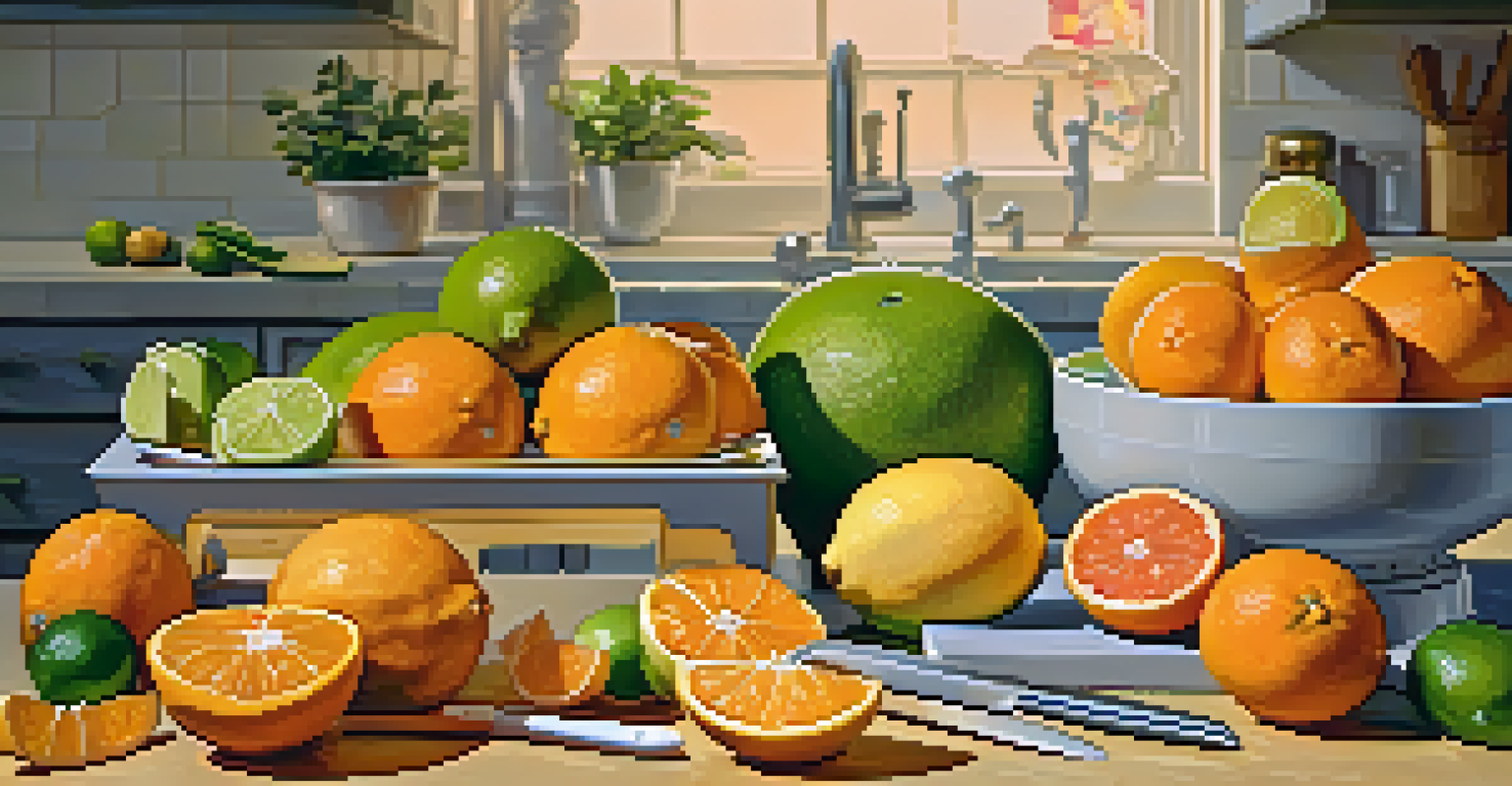 A citrus carving station with fruits and tools on a kitchen counter.