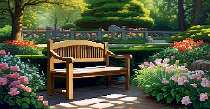 A carved wooden bench in a colorful garden filled with flowers and greenery, illuminated by soft sunlight.