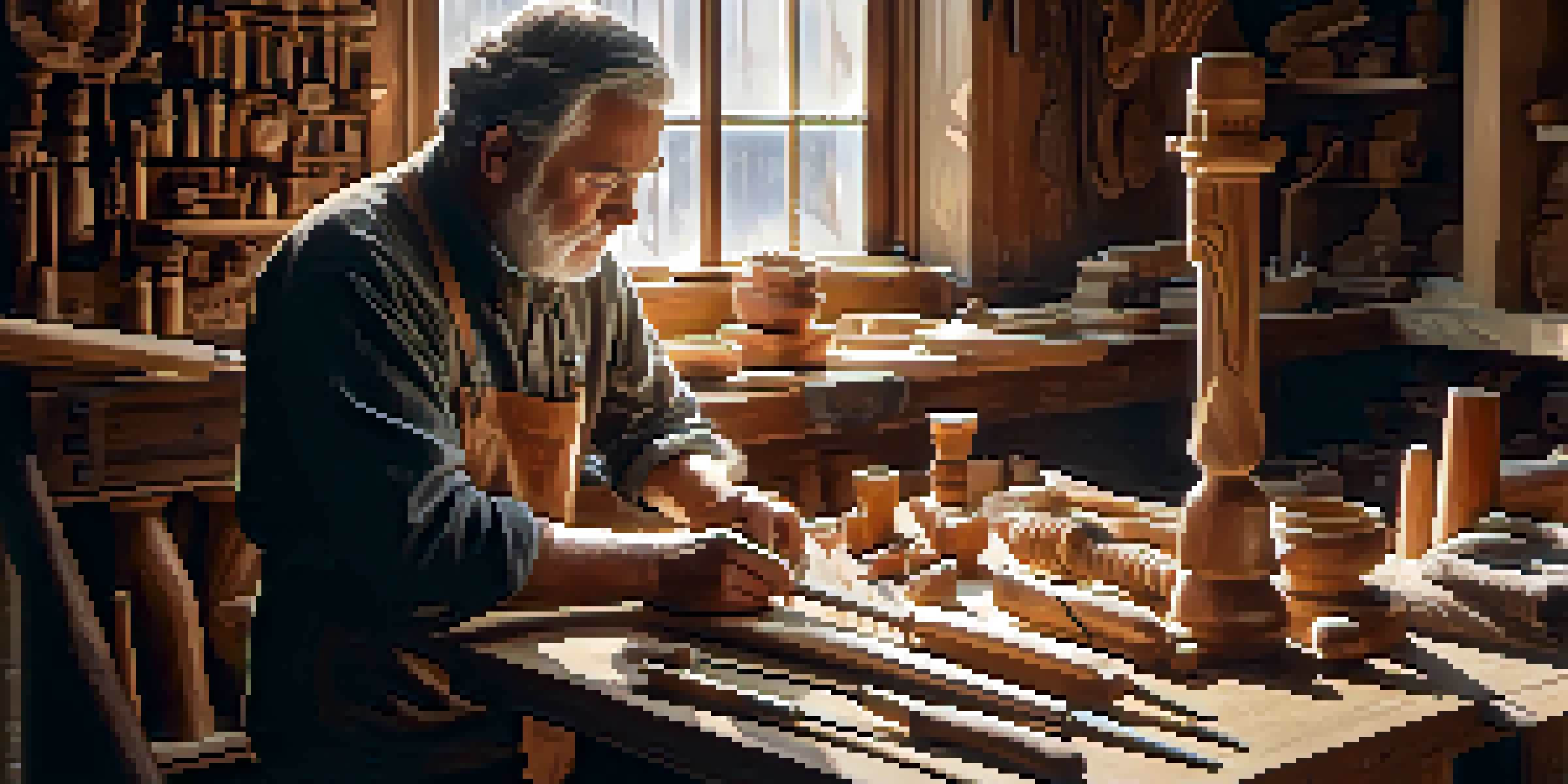 An artisan working on a wooden sculpture with carving tools in a well-lit workshop.