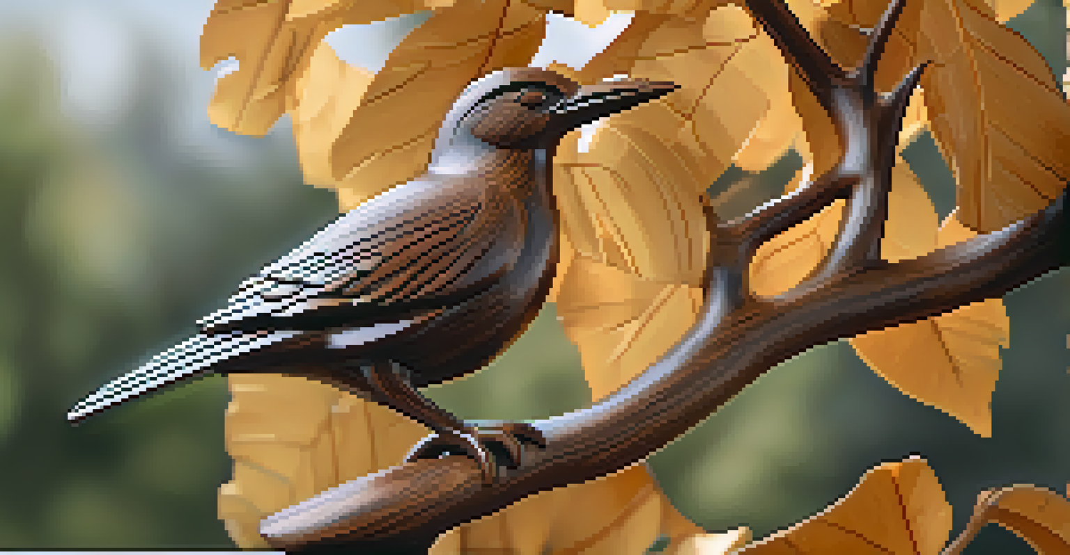 A beautifully carved wooden bird sculpture on a branch, displayed against a natural background.
