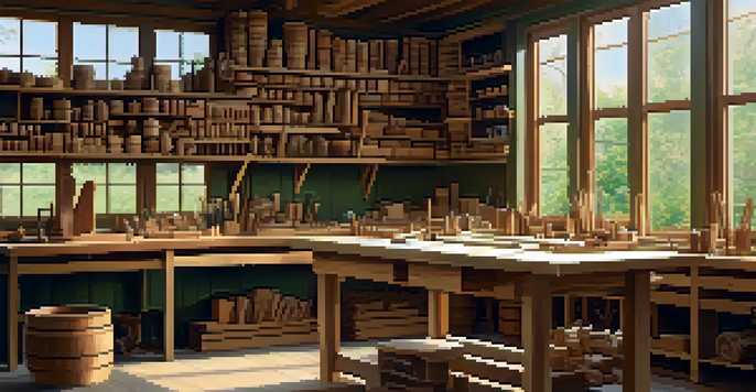 A woodworking workshop with an artisan carving sustainably sourced wood, surrounded by eco-friendly tools and a green landscape visible through the window.