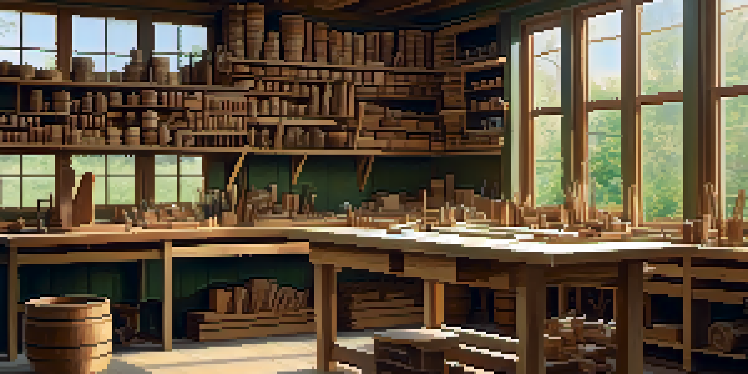 A woodworking workshop with an artisan carving sustainably sourced wood, surrounded by eco-friendly tools and a green landscape visible through the window.