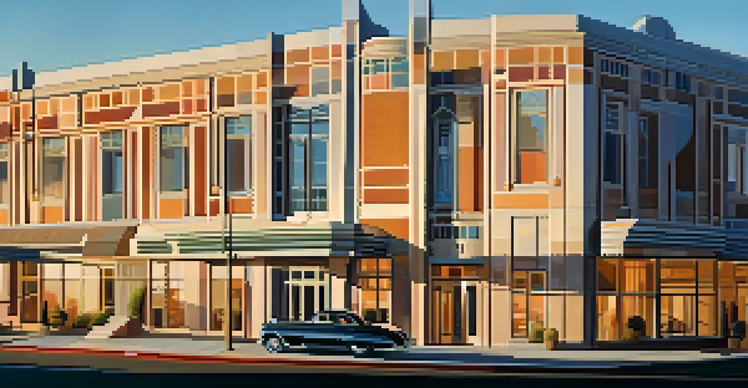 Modern architectural facade with geometric Art Deco patterns, illuminated by warm evening light against a twilight sky.