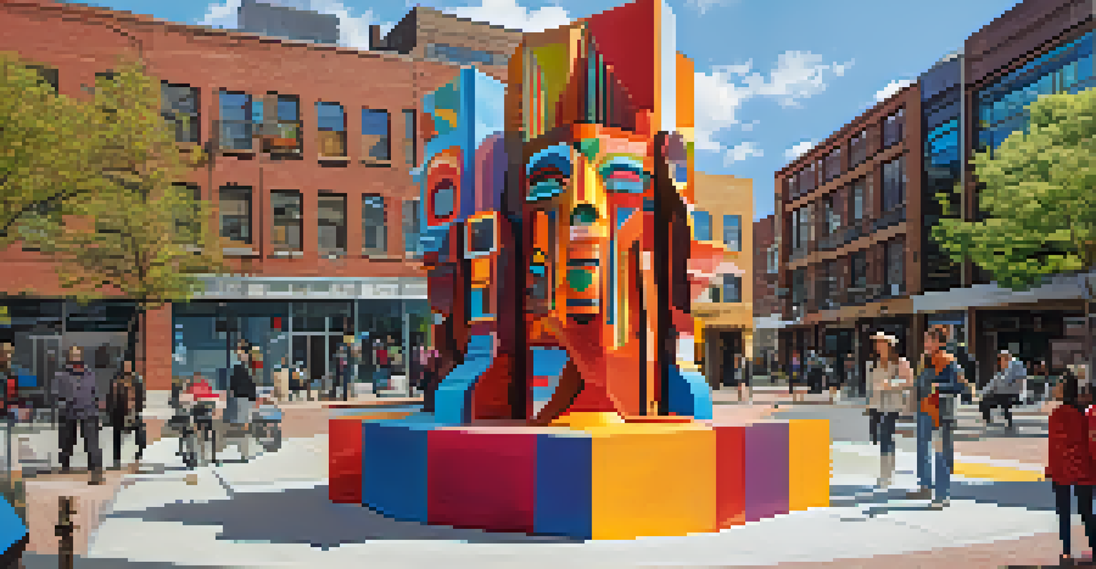 A large, colorful public art installation representing Indigenous themes in an urban environment, with community members interacting around it, set against modern city buildings.