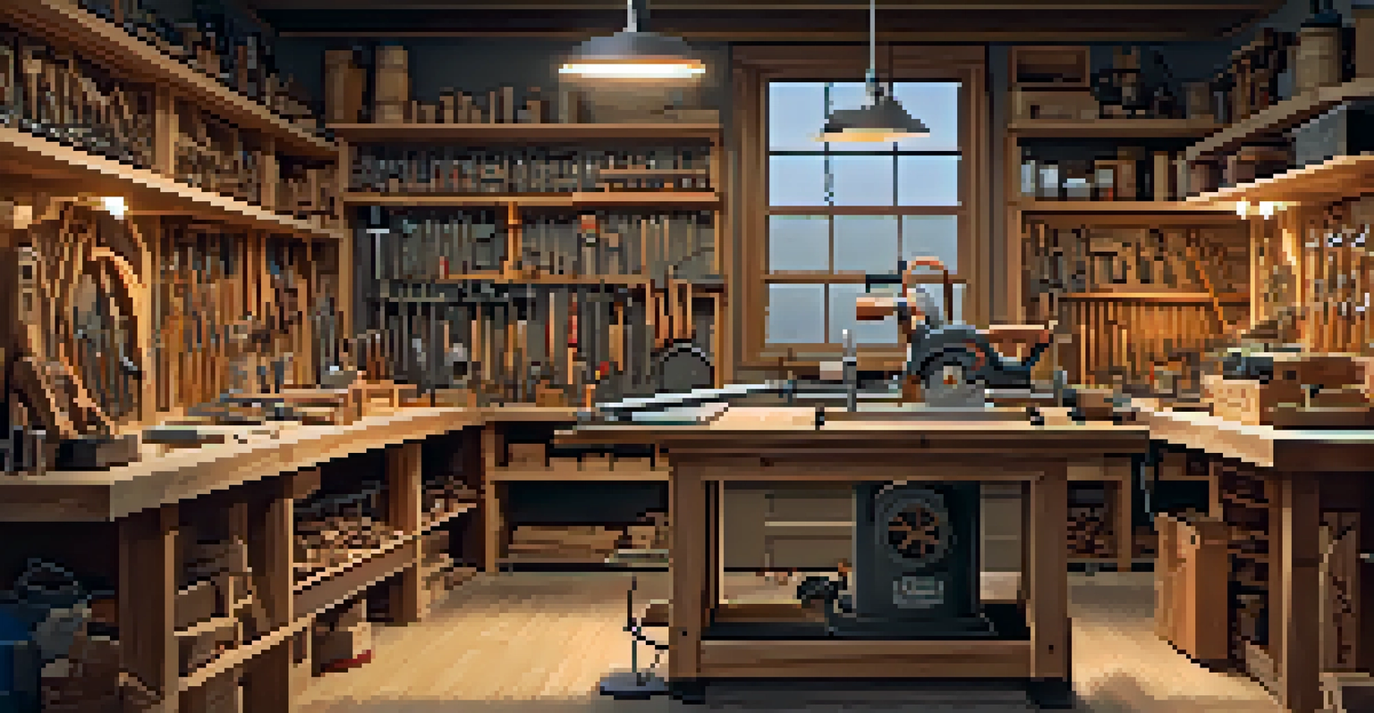 A neatly arranged workspace with essential power tools for wood carving on a wooden workbench.