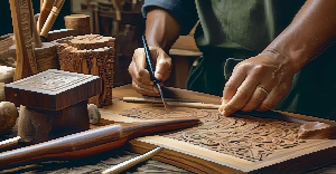 An artisan carving wood in a workshop, with tools around and warm lighting.
