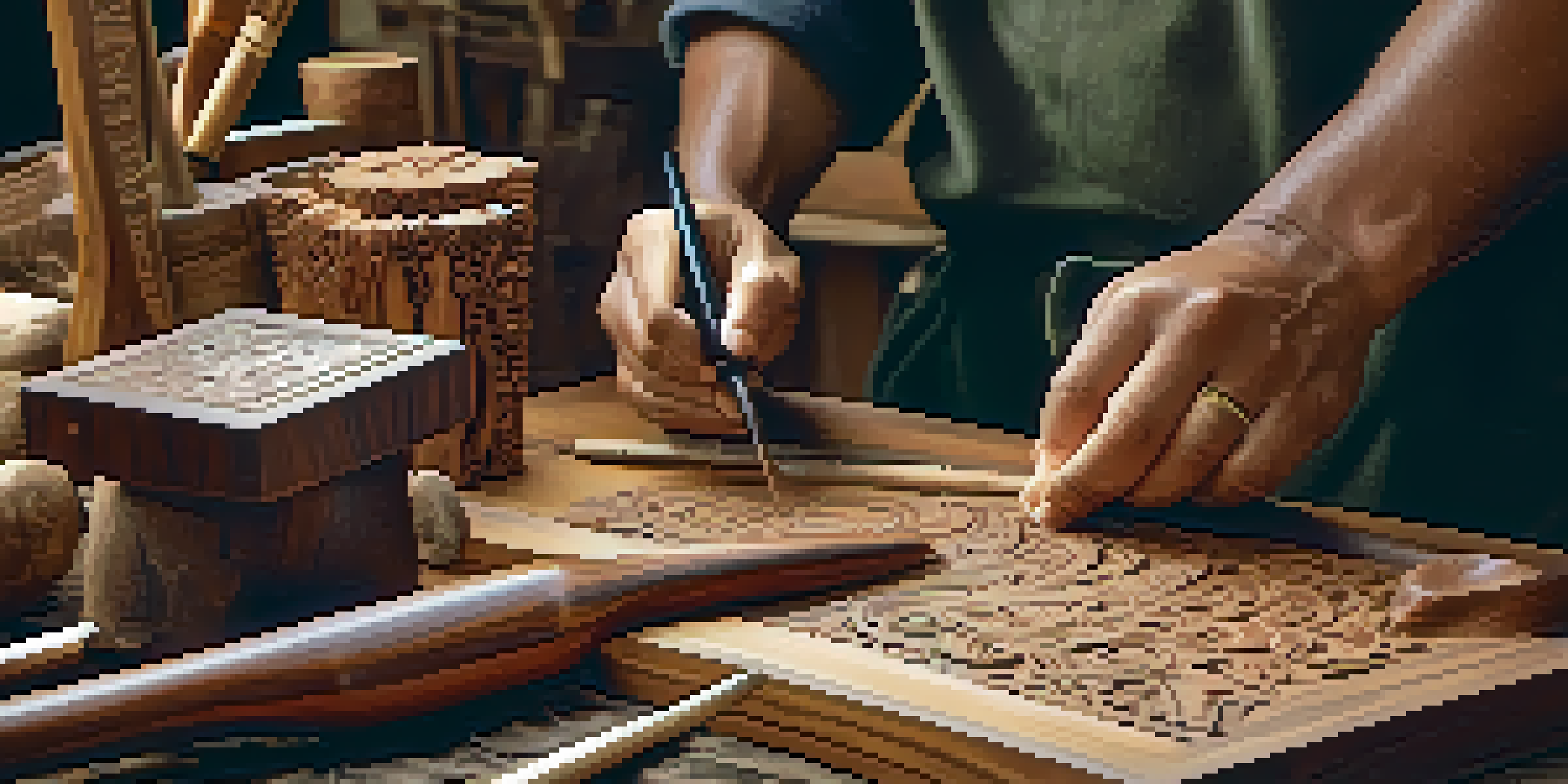 An artisan carving wood in a workshop, with tools around and warm lighting.