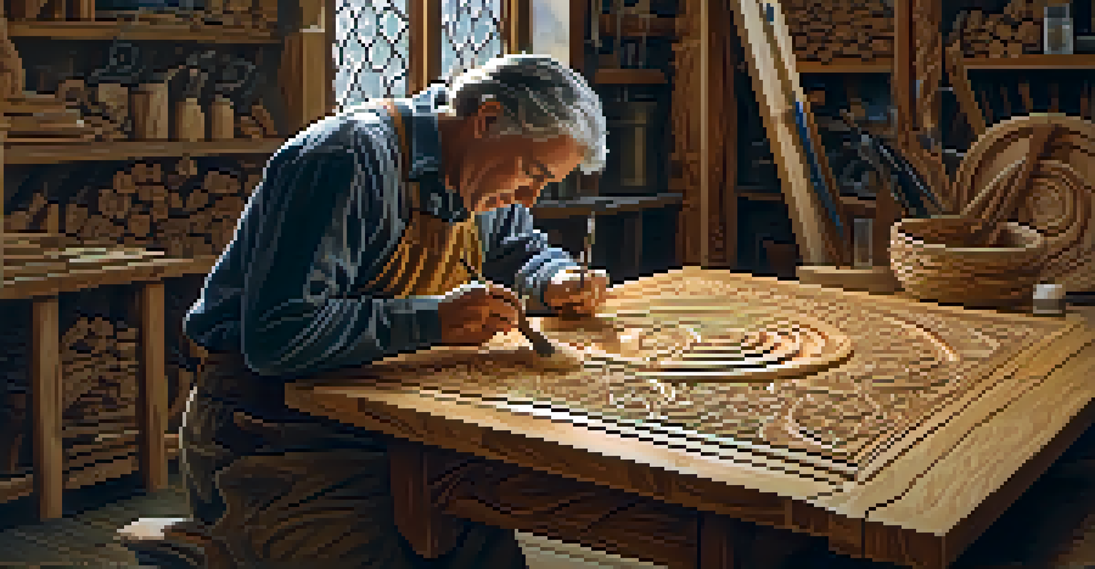 An artisan carving a Celtic design into oak wood, surrounded by tools and wood shavings.