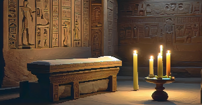 An ancient Egyptian tomb with detailed hieroglyphs illuminated by soft lighting, featuring an offering table with flowers and candles.