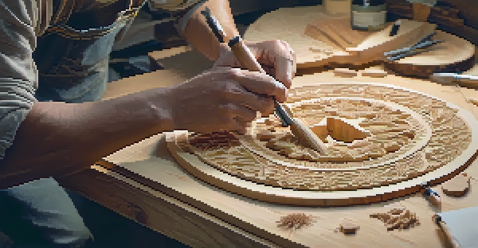 An artisan focused on relief carving floral patterns on basswood, with tools and wood shavings in a sunlit workshop.