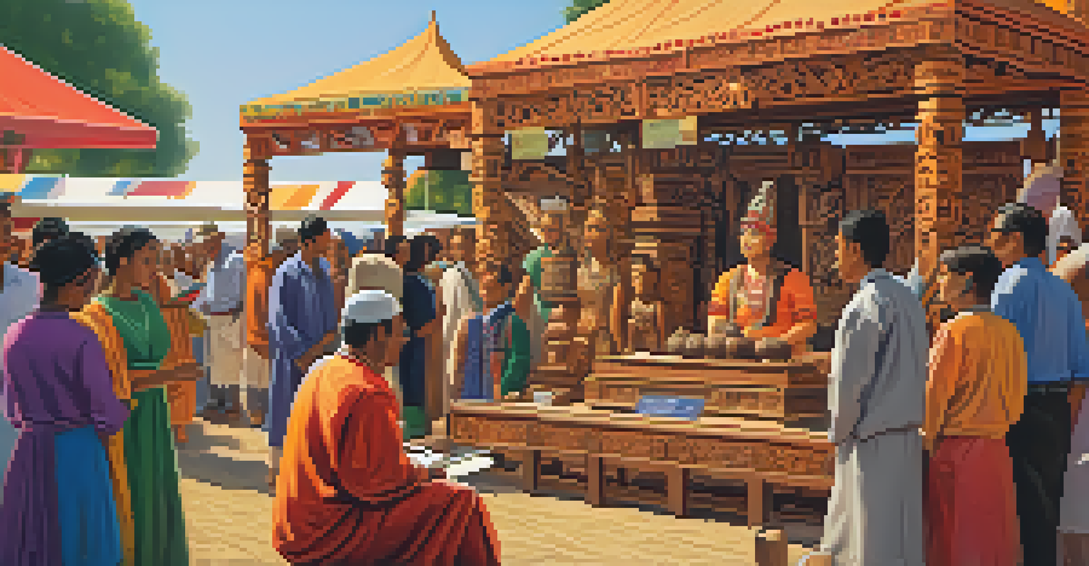 A multicultural festival with colorful stalls displaying carved sculptures, people in traditional clothing interacting with artists in a sunny outdoor setting.