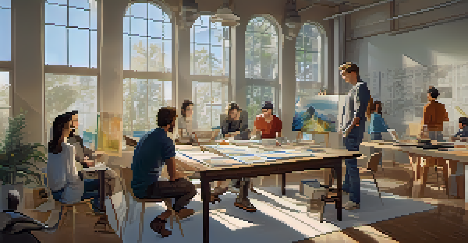 A group of designers and carvers engaged in a meeting, surrounded by sketches and 3D models of film props, with natural light flooding the workspace.
