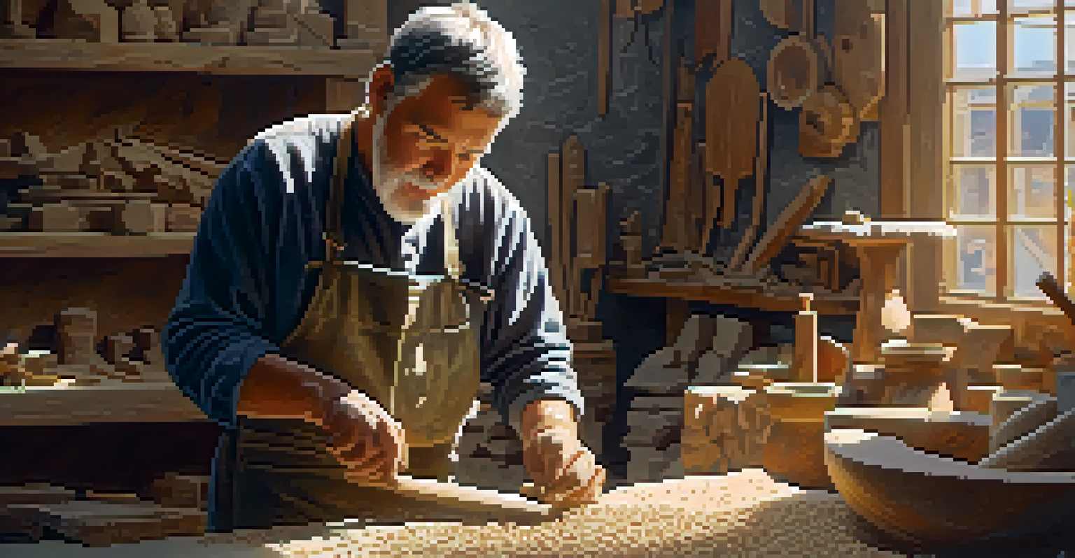 An artisan chiseling a stone carving surrounded by tools and materials in a sunlit workshop.