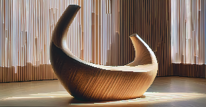 A wooden sculpture illuminated by warm colored lights, showcasing intricate textures and shadows.