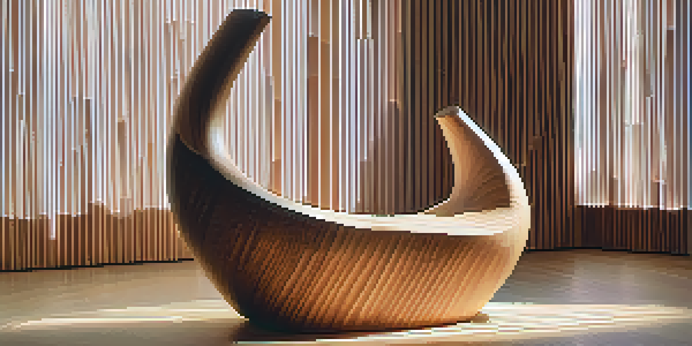 A wooden sculpture illuminated by warm colored lights, showcasing intricate textures and shadows.