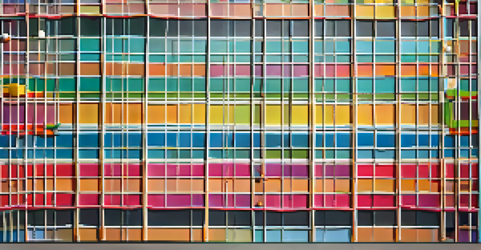 A mural design with a proportional grid overlay, featuring vibrant colors and complex shapes.