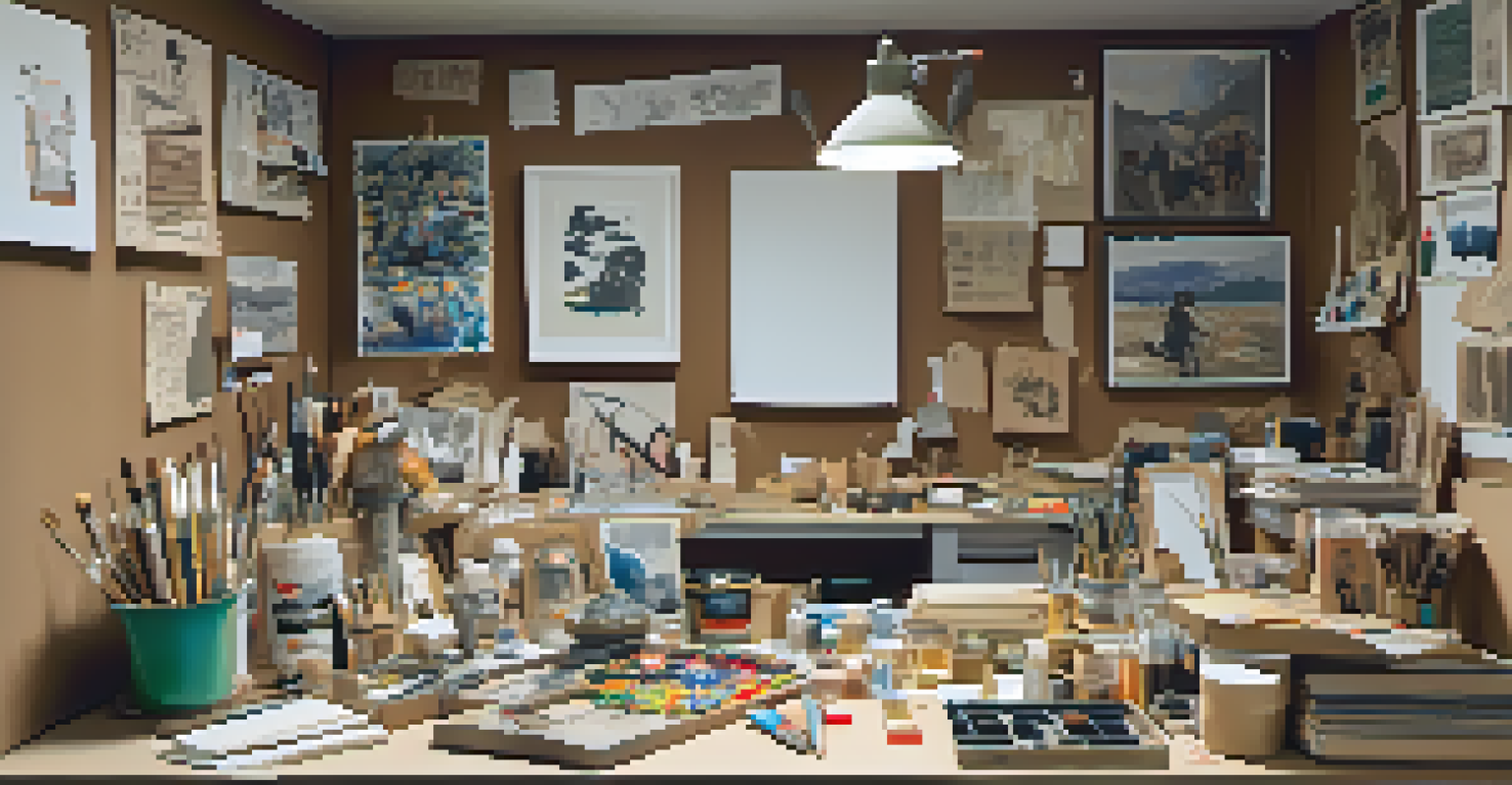 An artist's cluttered workspace with cardboard pieces and tools, featuring a partially assembled sculpture.