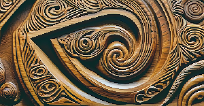 A detailed close-up of a Maori wood carving featuring a spiral design, with natural wood textures and warm lighting.