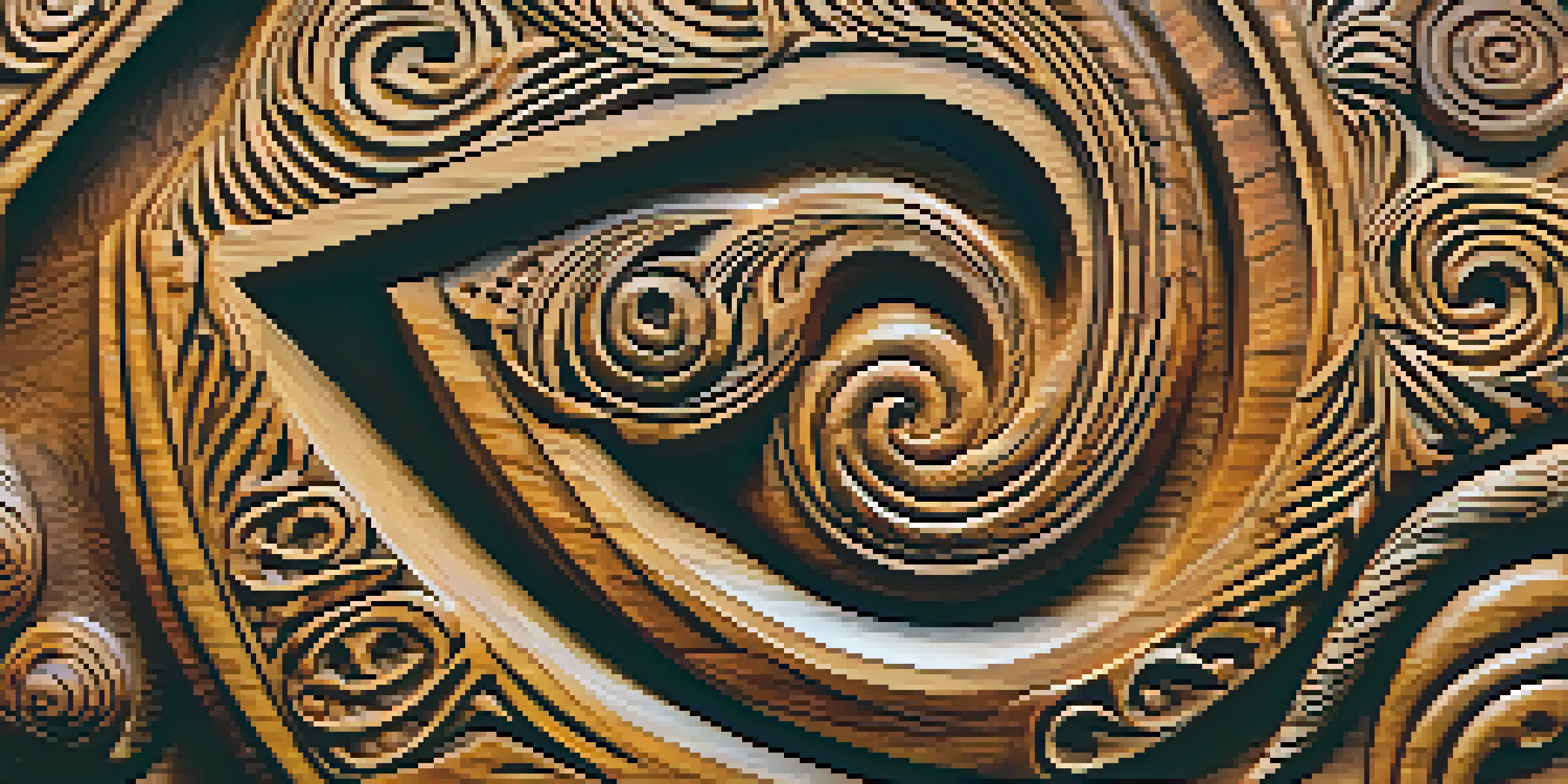 A detailed close-up of a Maori wood carving featuring a spiral design, with natural wood textures and warm lighting.