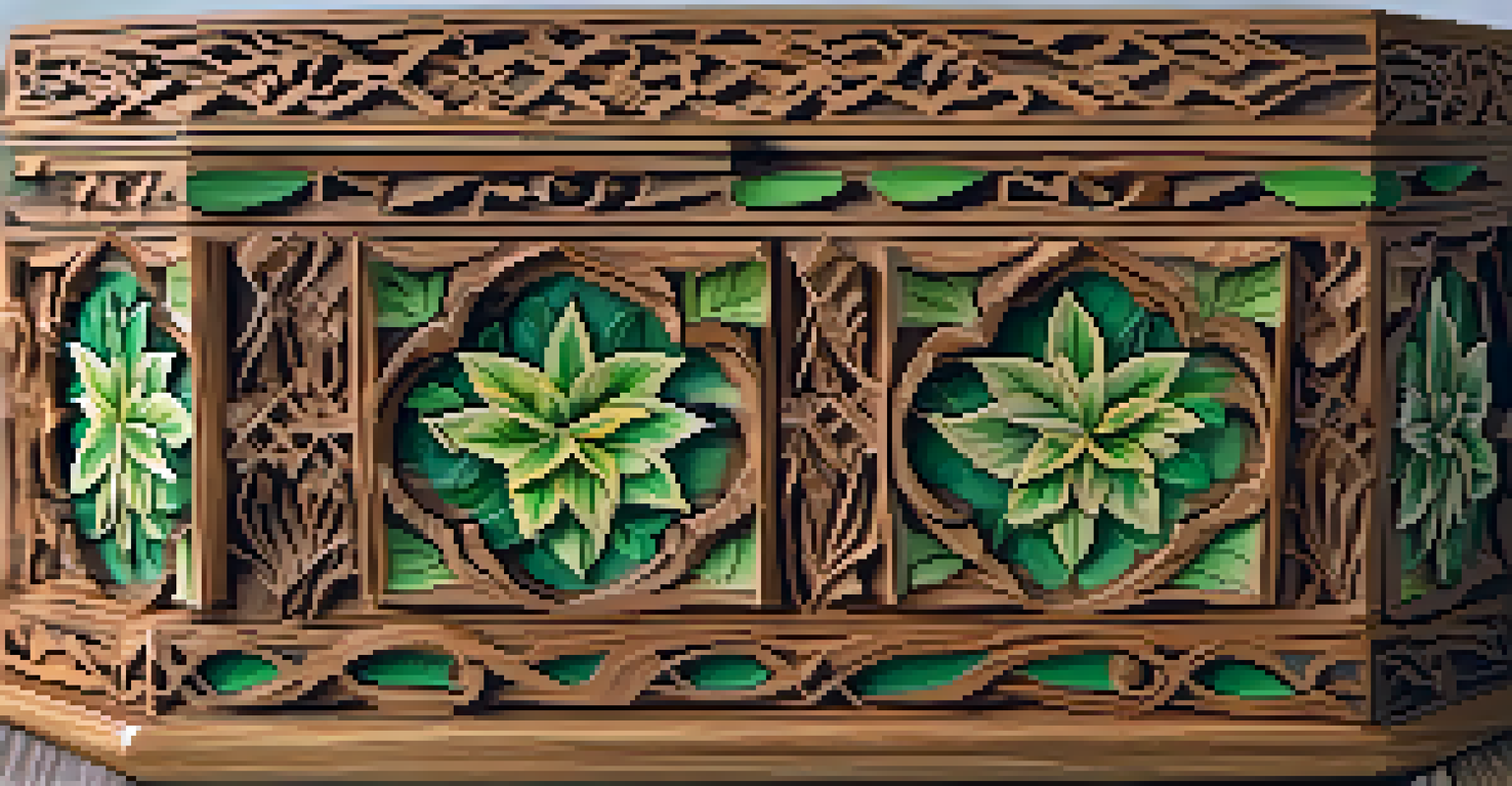 A beautifully carved decorative wooden box with floral motifs, displayed on a wooden table with plants in the background.